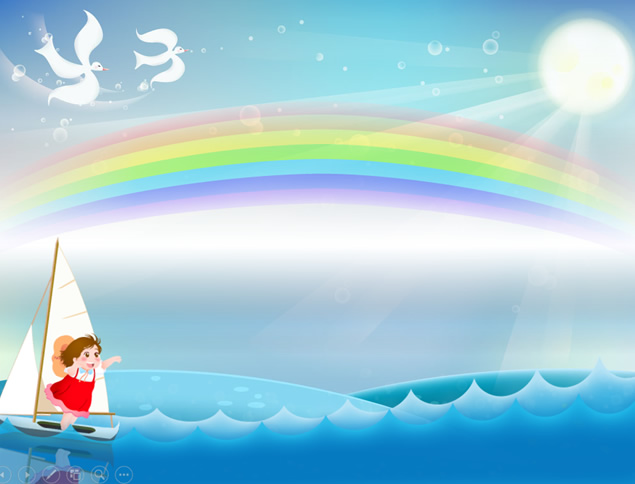 阳光彩虹动态海浪可爱小女孩划着帆船可爱卡通PPT模板